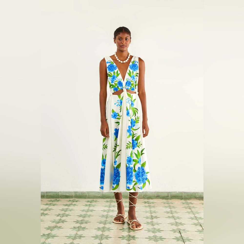 Farm Rio Romantic Garden Off-White Midi Dress